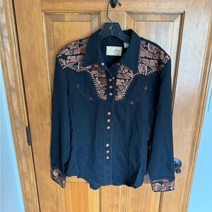 Scully Black Western Shirt with Brown Floral Embroidery and pearl snaps